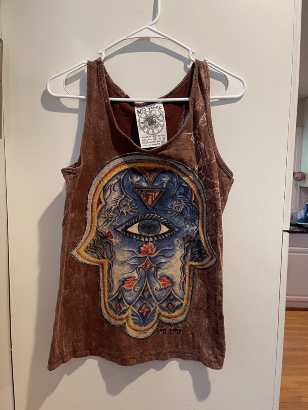No Time Hamsa Hand of Fatima Tank Top S Brown Tie Dye Festival Hippie Boho Y2K
